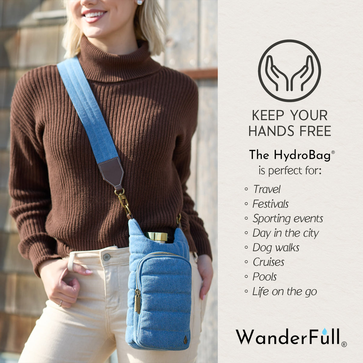 Denim HydroBag® with Antique Brass and Denim overlaid Vegan Leather Strap