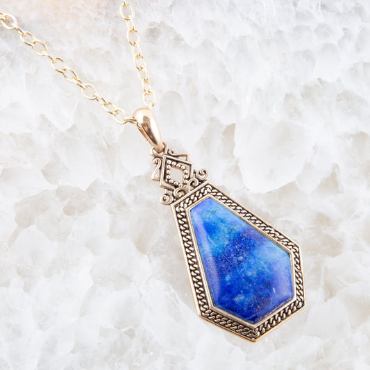 Blue Lapis Golden Elongated Pendant Necklace