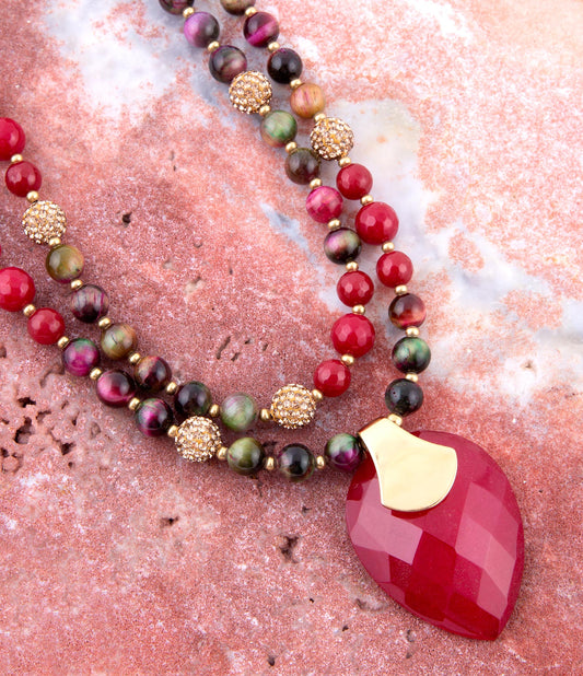 Jeweled Multi-Color Tiger's Eye and Rasberry Quartz Pendant Golden Necklace