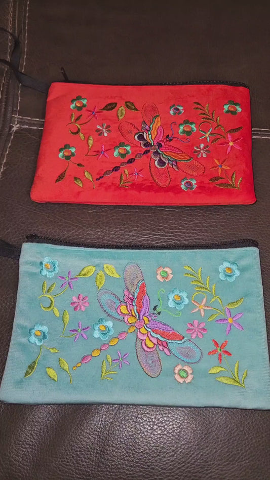 Large Embroidered Dragonfly Wristlet