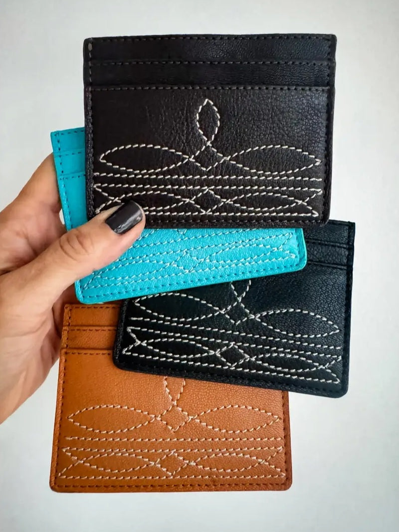 Western Boot Stitch Leather Credit Card Holder