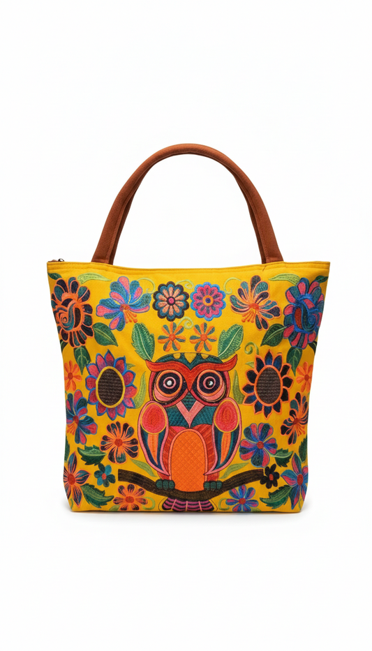 Embroidered Owl Suede Purse Tote Bag