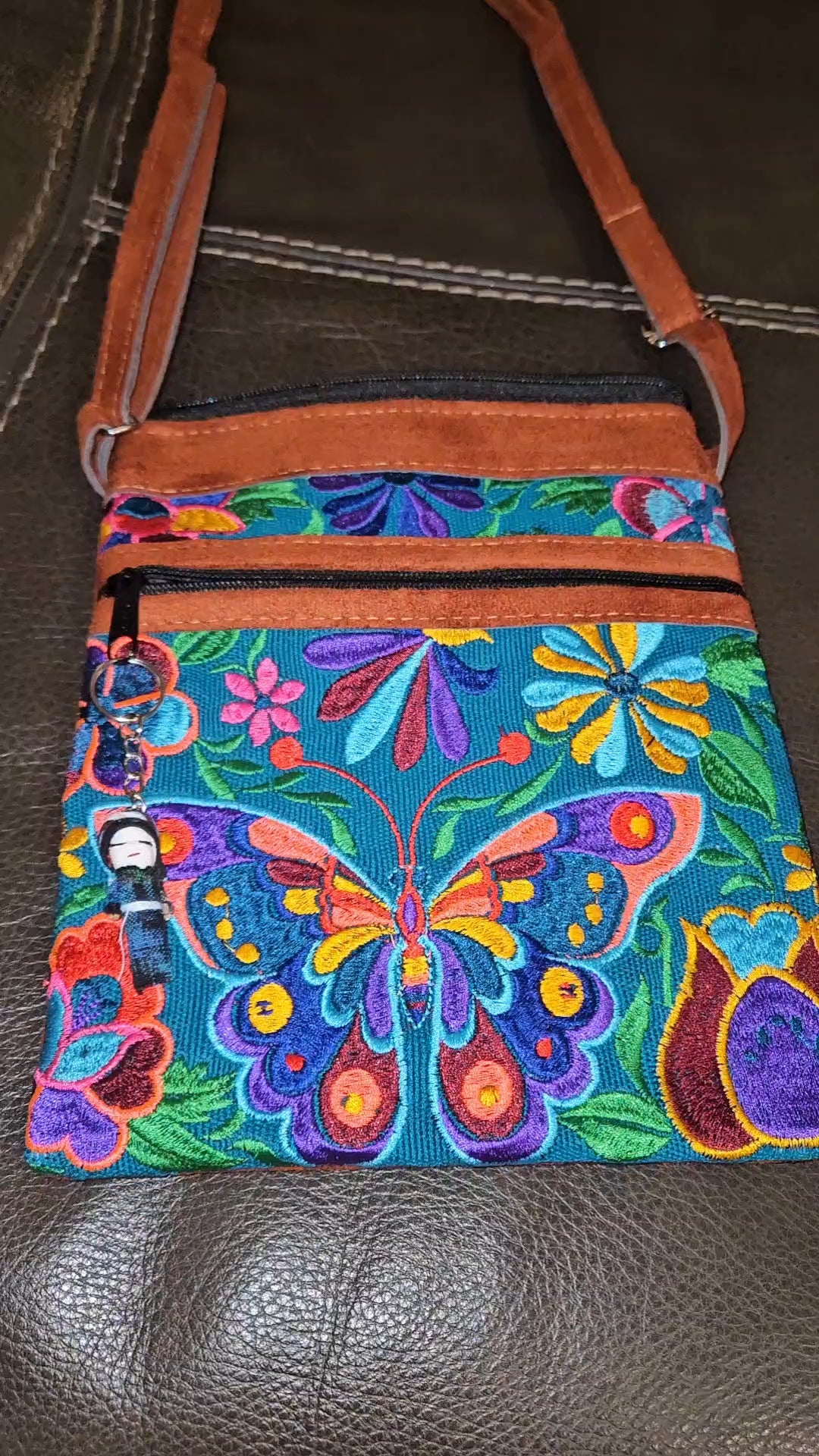Embroidered Butterfly Leather Crossbody Purse