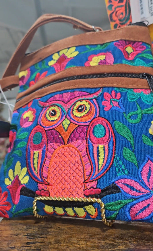 Embroidered Owl Leather Crossbody Purse