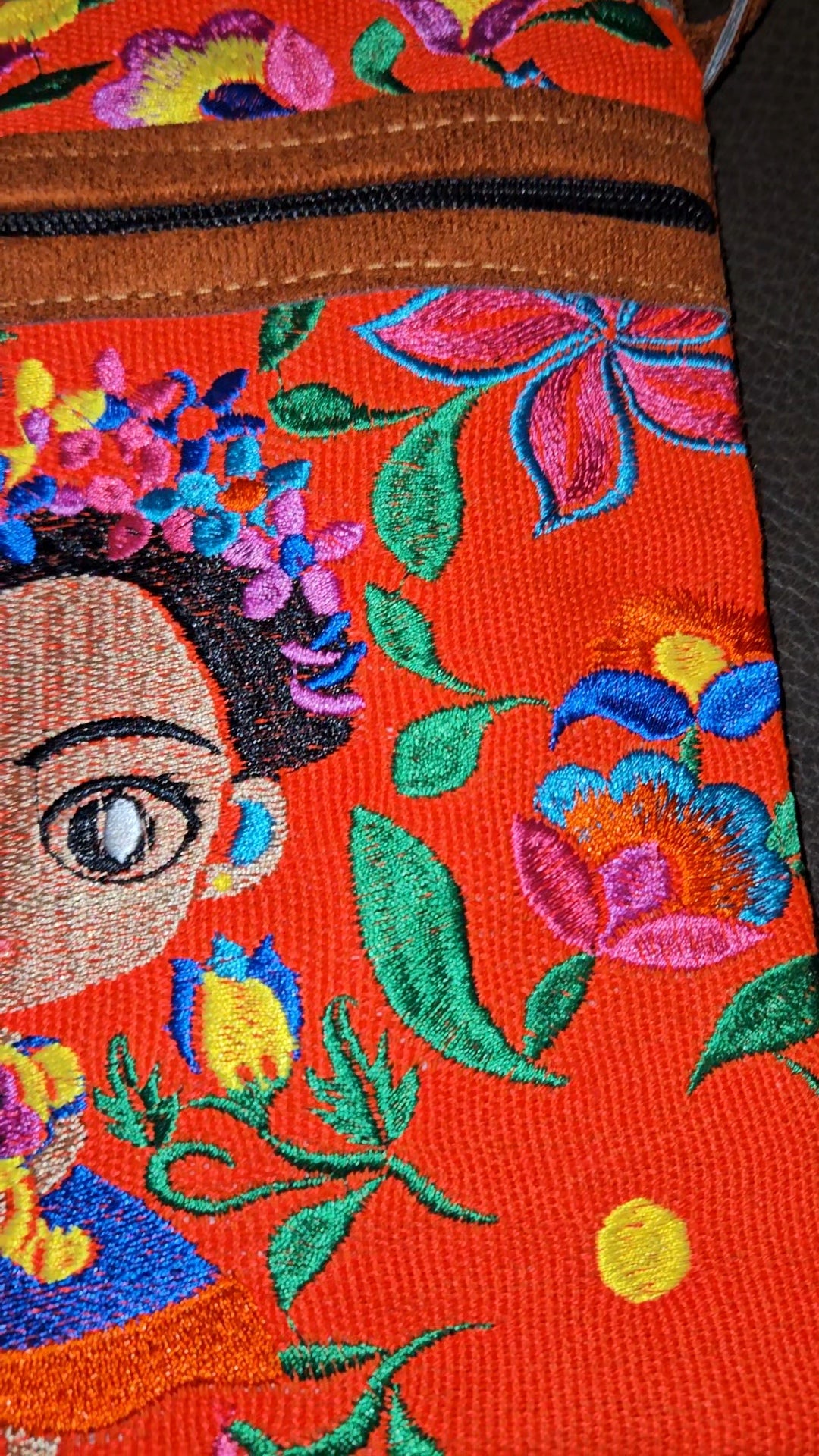 Embroidered Frida Inspired Leather Crossbody Purse