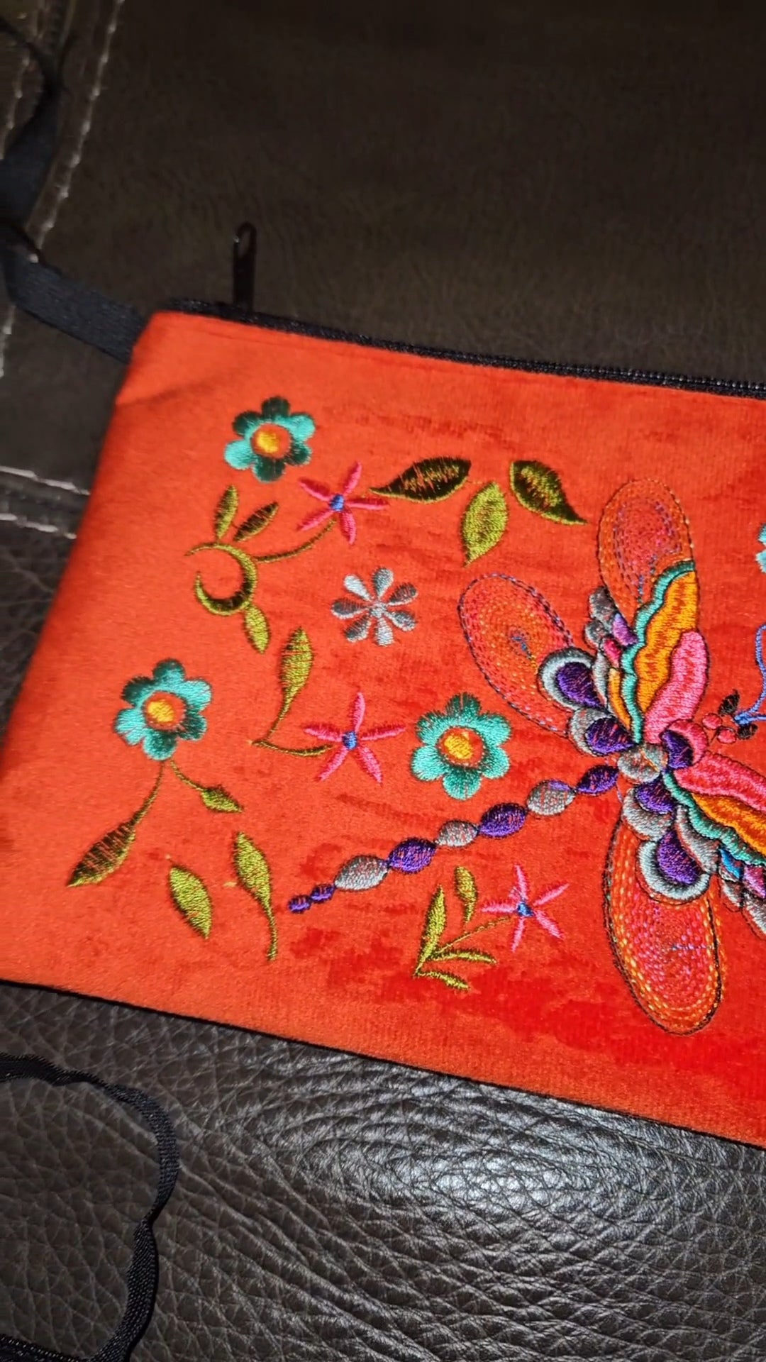 Large Embroidered Dragonfly Wristlet