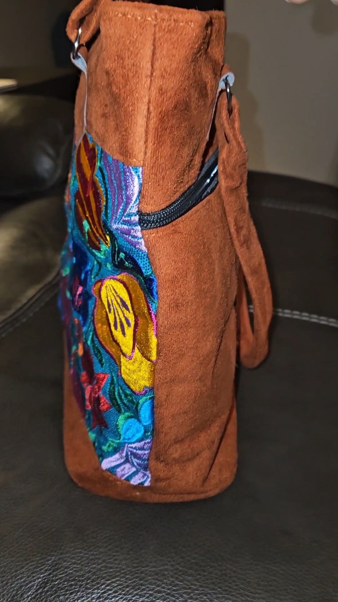 Handmade Embroidered Floral Suede Tote