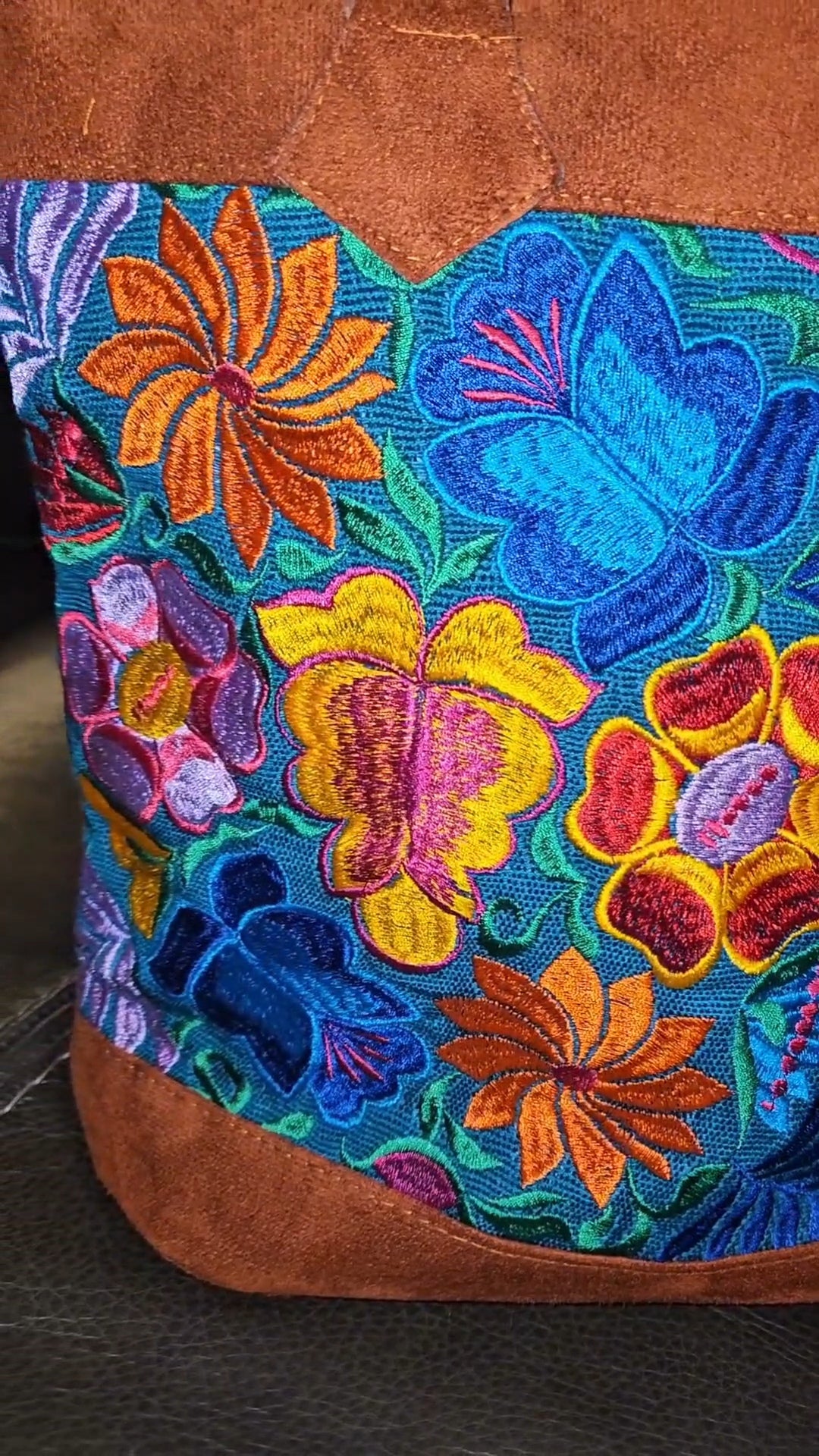 Handmade Embroidered Floral Suede Tote