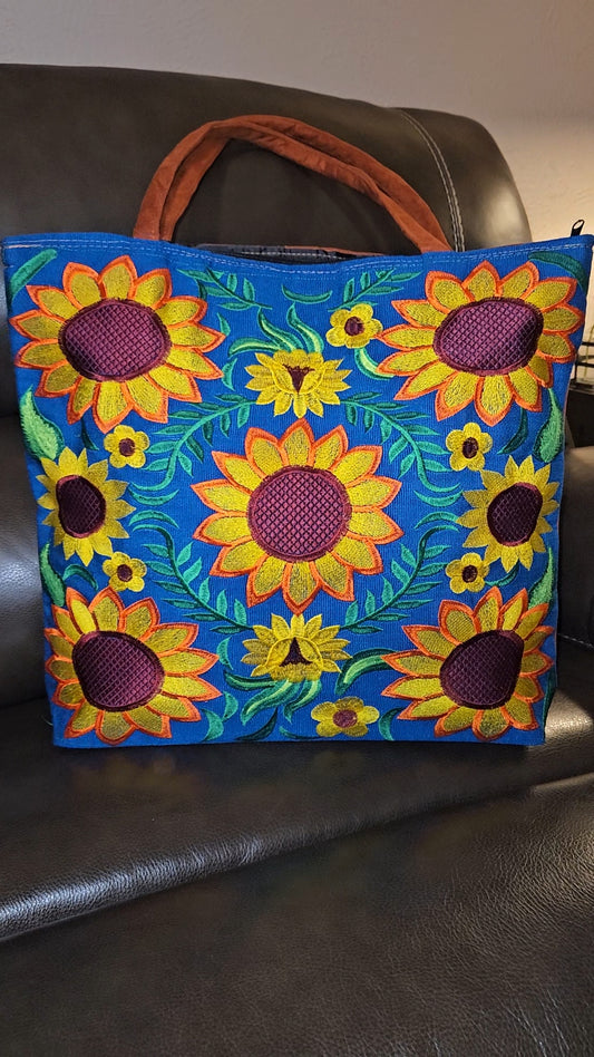 Large Embroidered Sunflower Tote Purse