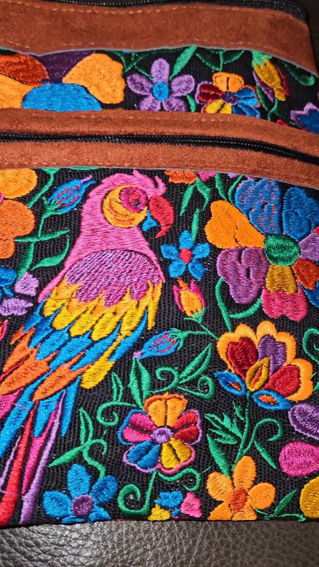 Embroidered Parrot Leather Crossbody Purse