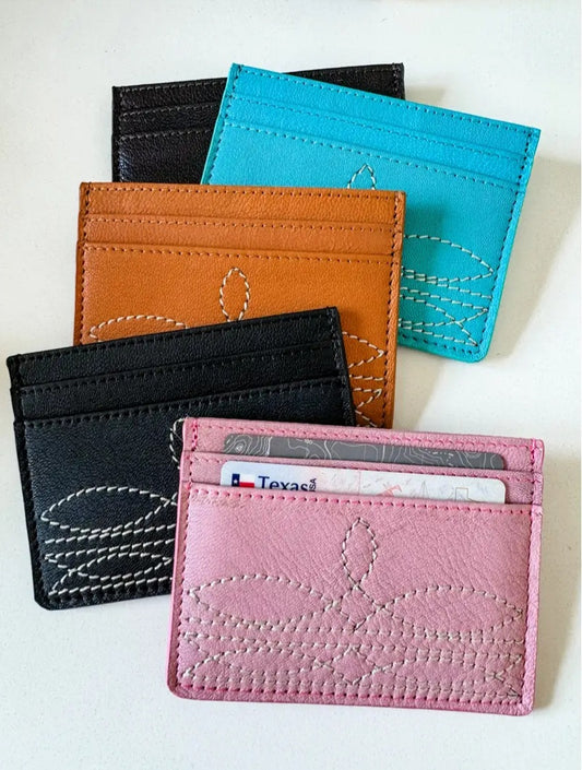 Western Boot Stitch Leather Credit Card Holder