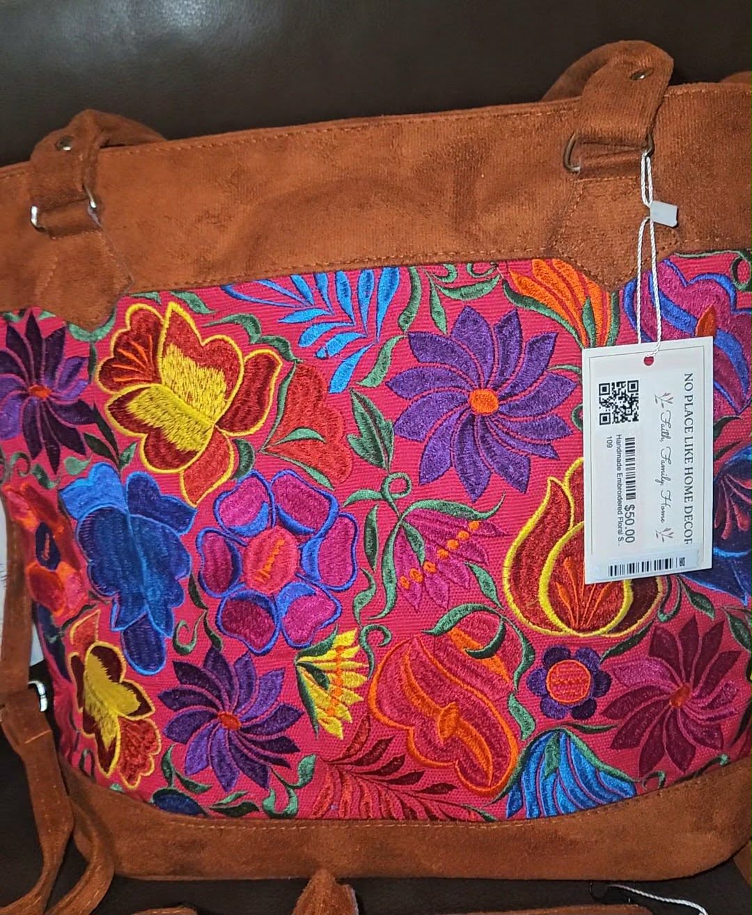 Embroidered Floral Pattern Vegan Suede Purse Tote Bag