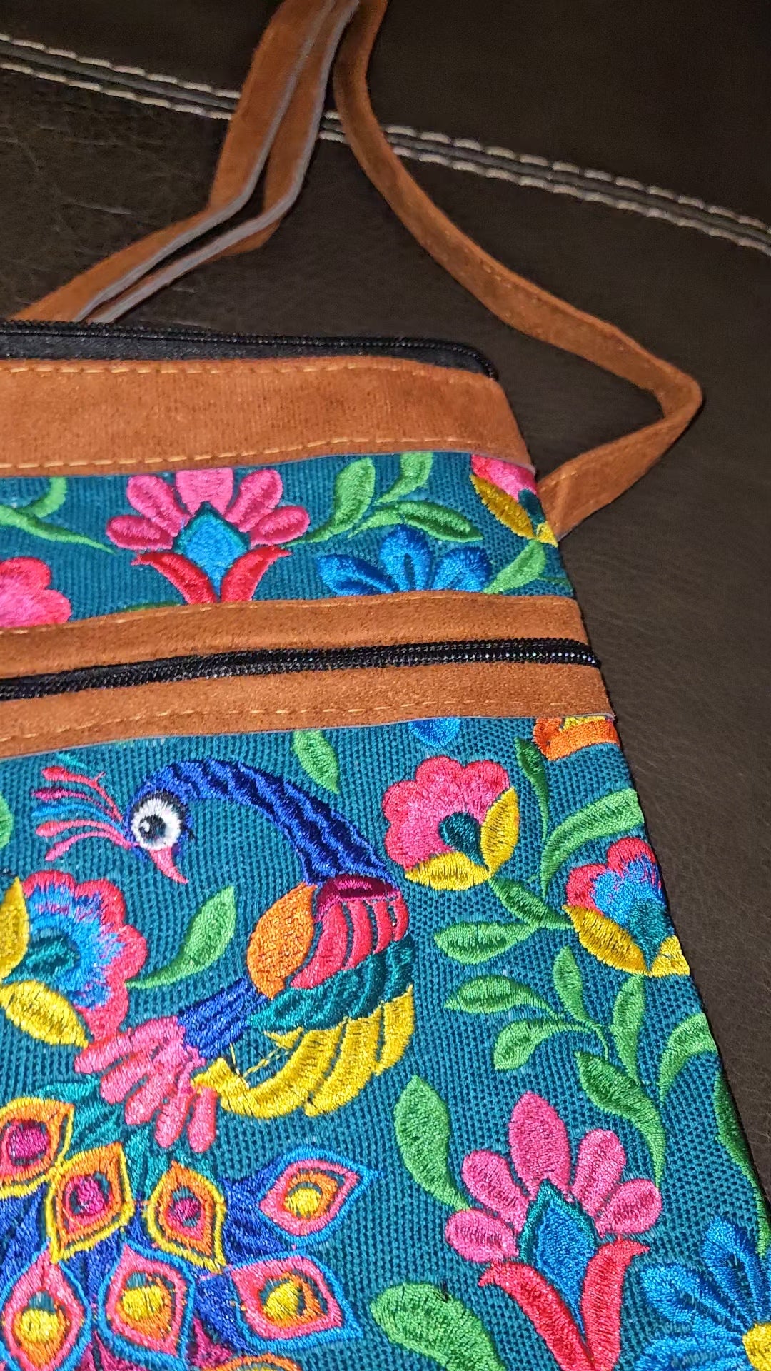 Embroidered Peacock Leather Crossbody Purse
