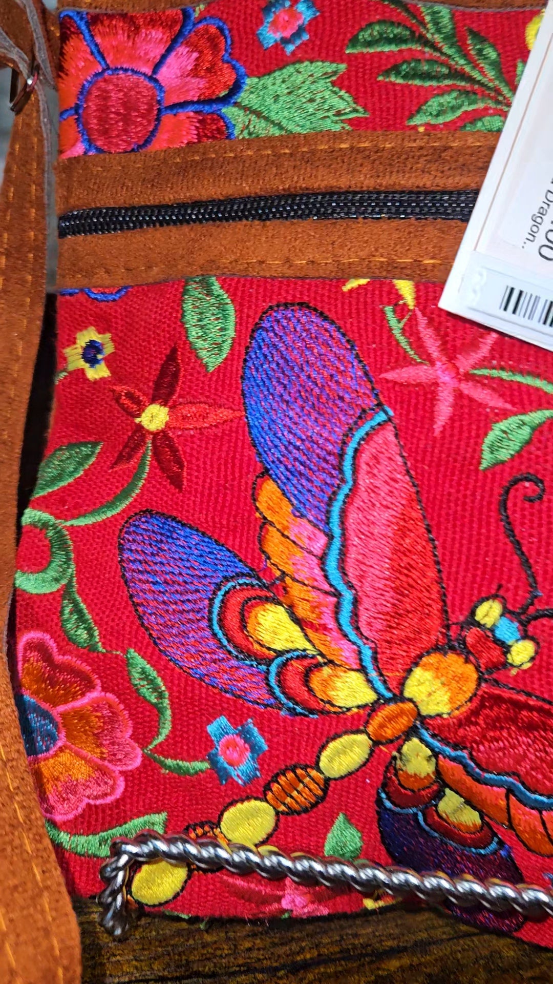 Embroidered Dragonfly Leather Crossbody Purse