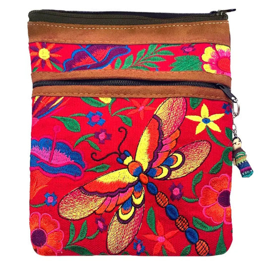 Embroidered Dragonfly Leather Crossbody Purse