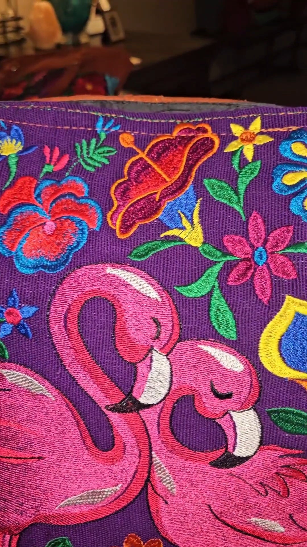 Large Embroidered Flamingo Tote Purse