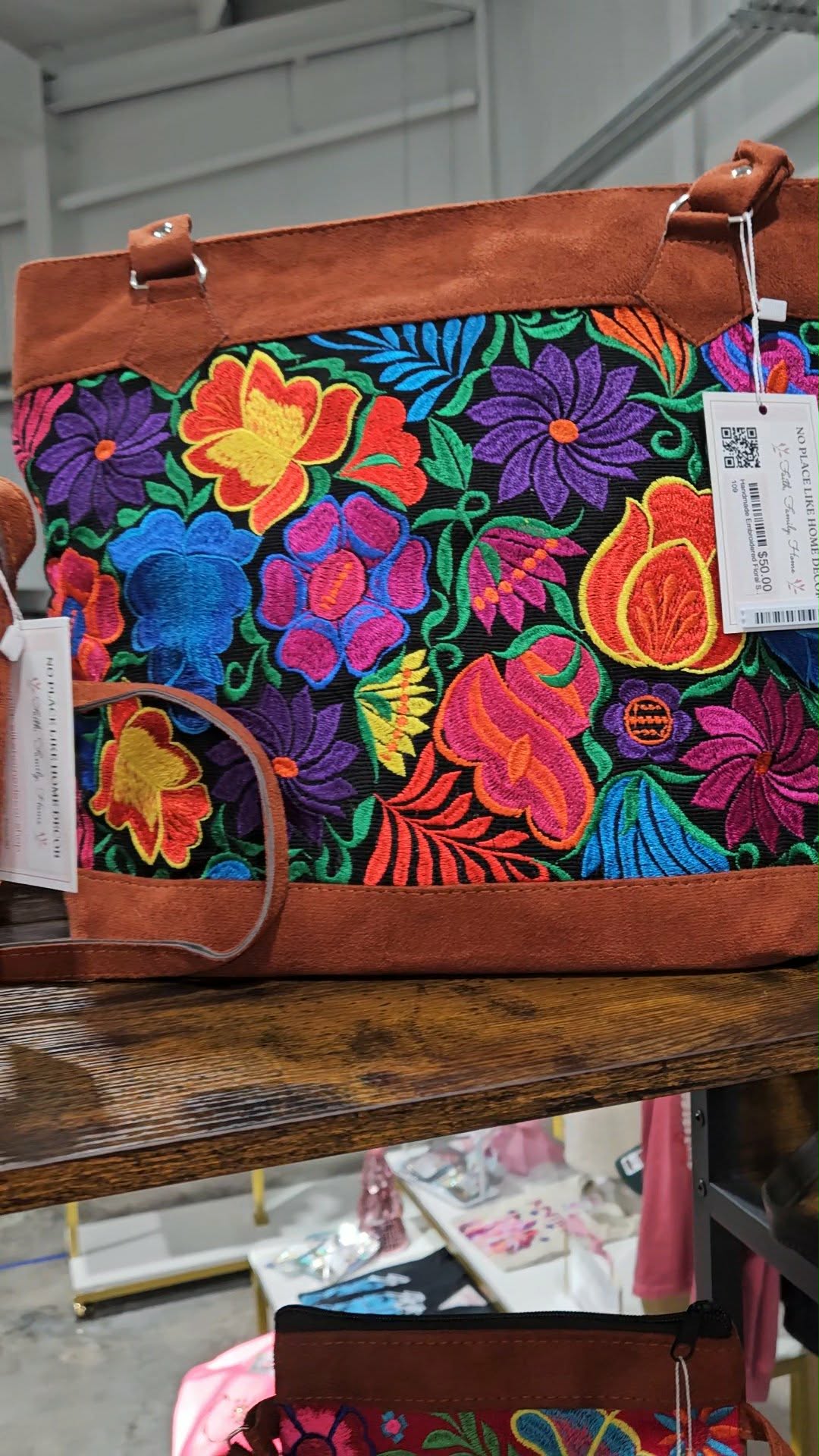 Embroidered Floral Pattern Vegan Suede Purse Tote Bag