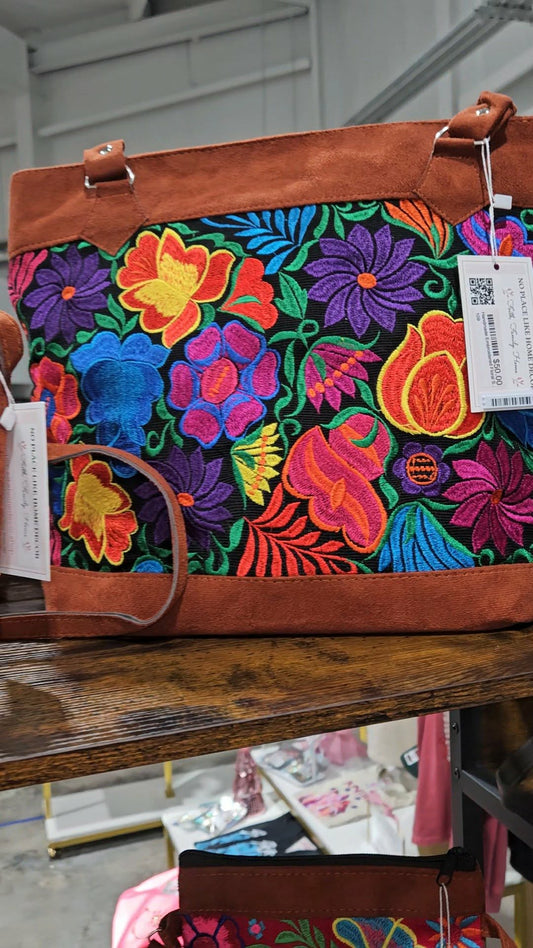 Embroidered Floral Pattern Vegan Suede Purse Tote Bag