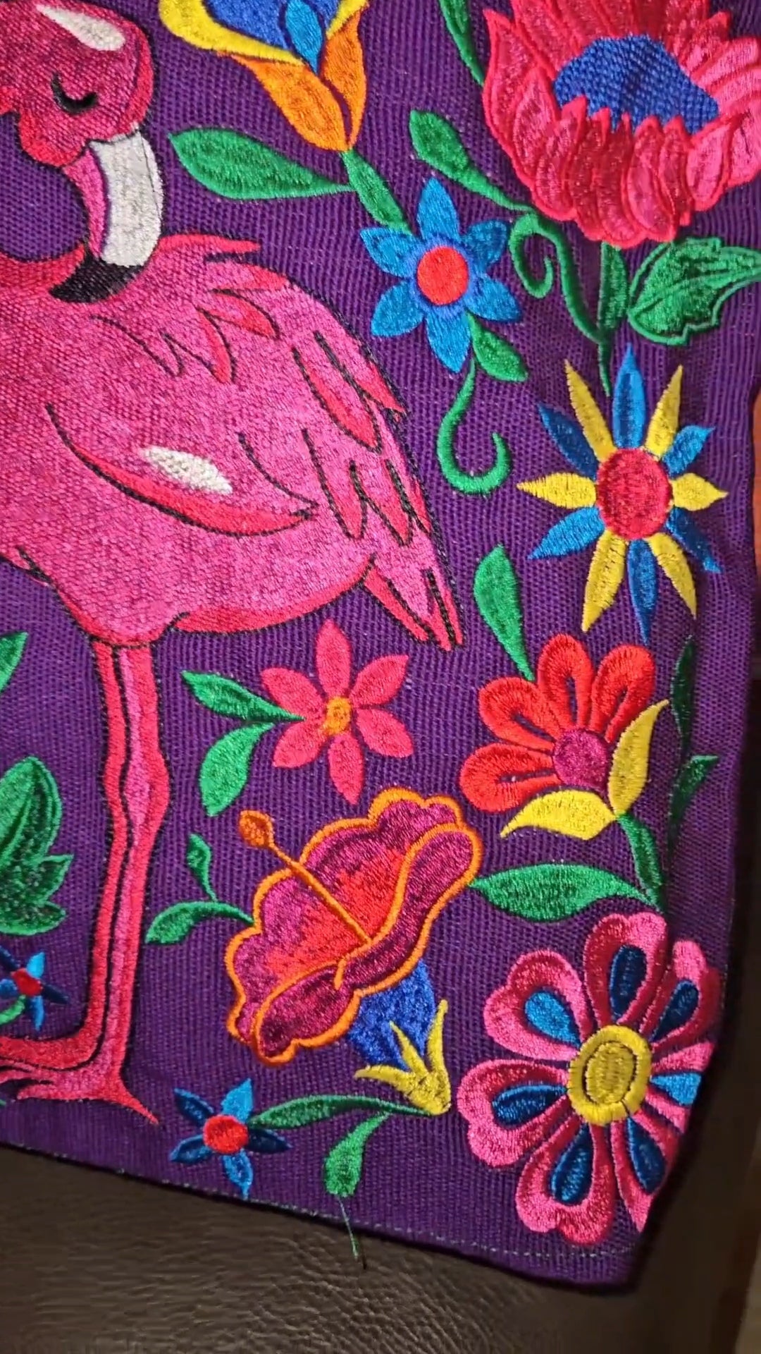 Large Embroidered Flamingo Tote Purse