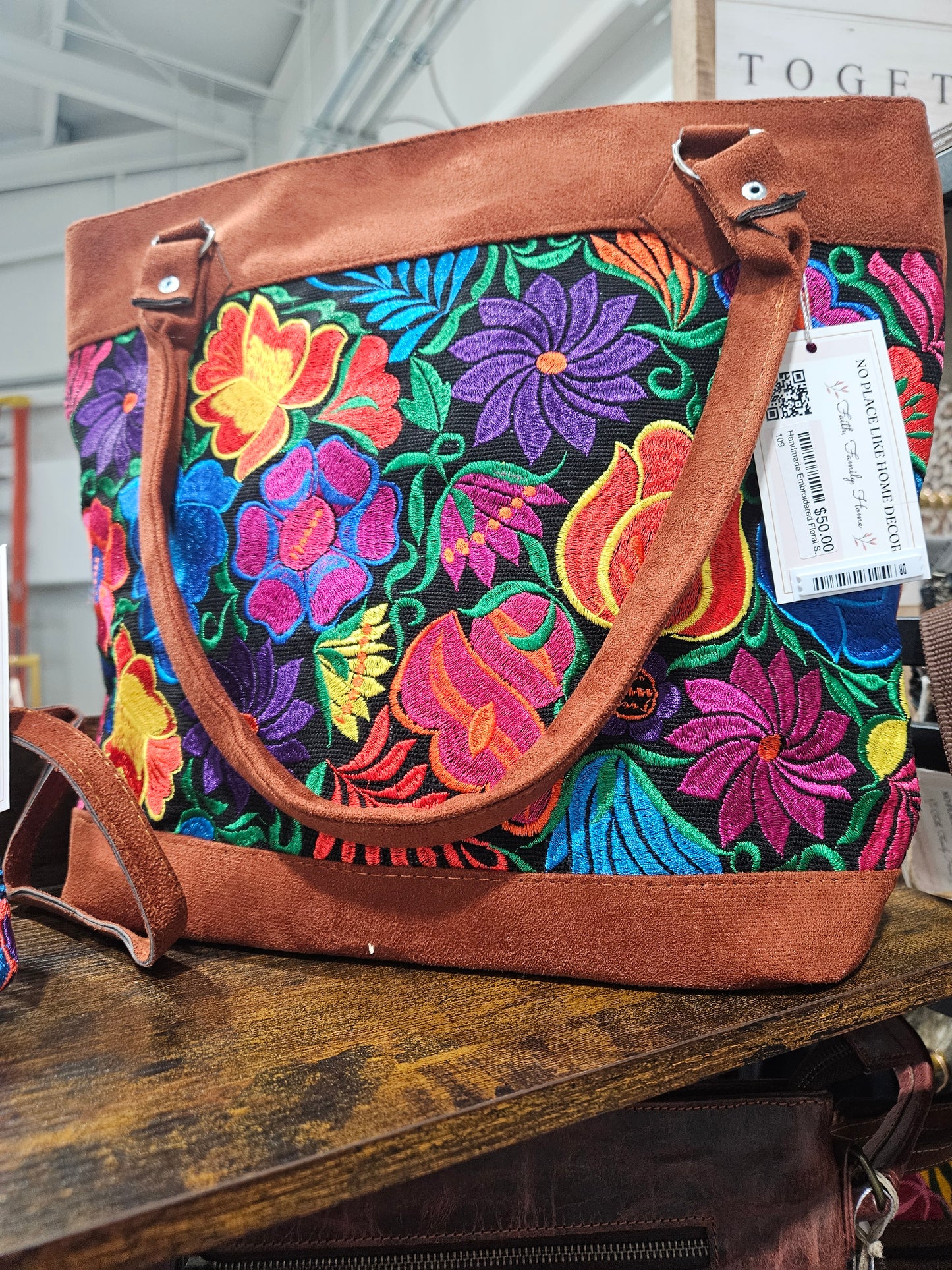 Embroidered Floral Pattern Vegan Suede Purse Tote Bag