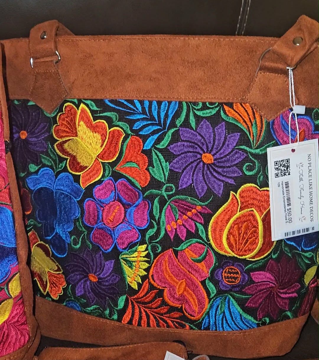 Embroidered Floral Pattern Vegan Suede Purse Tote Bag
