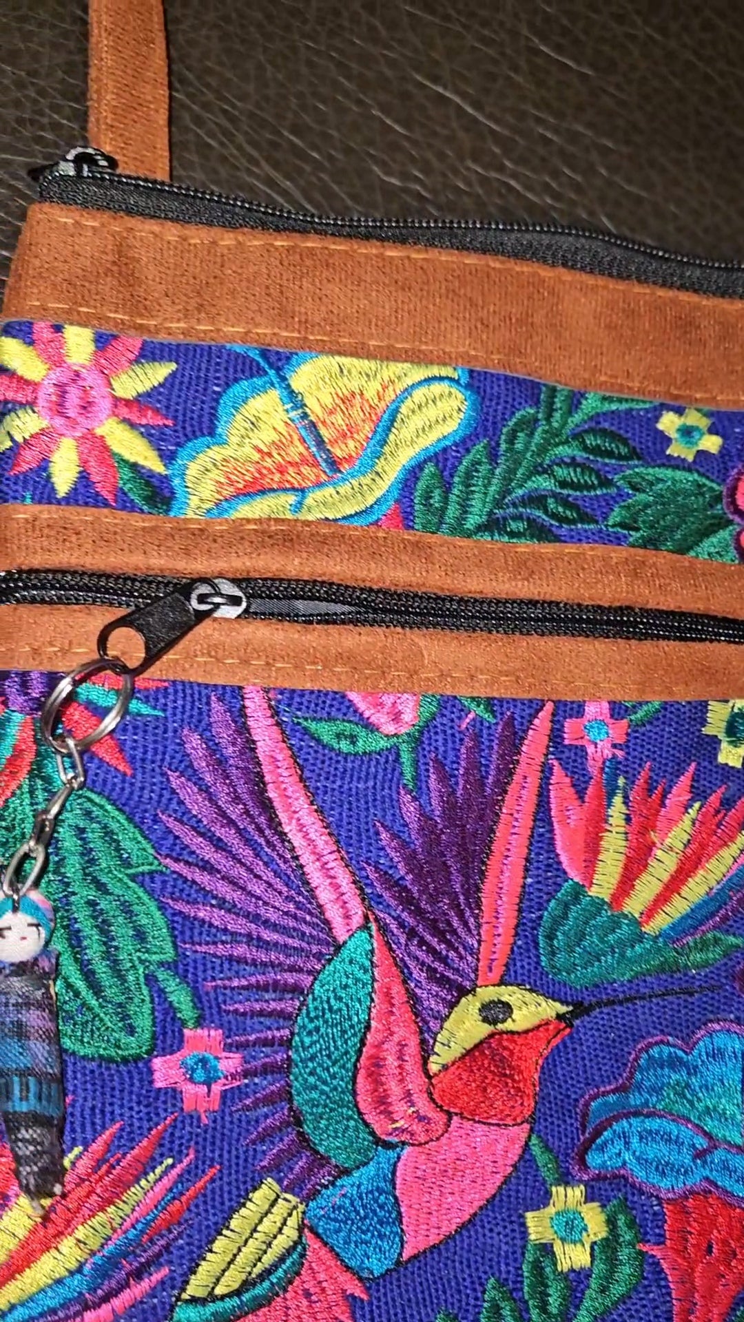 Embroidered Hummingbird Leather Crossbody Purse