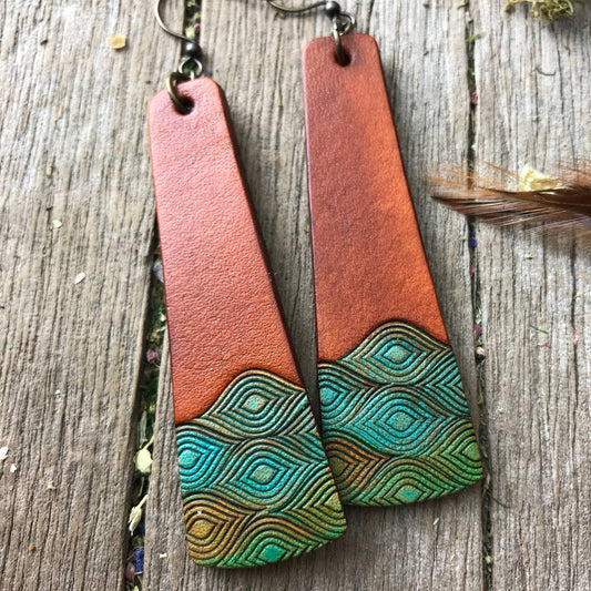 Hand Tooled and Painted Leather Bar Earrings