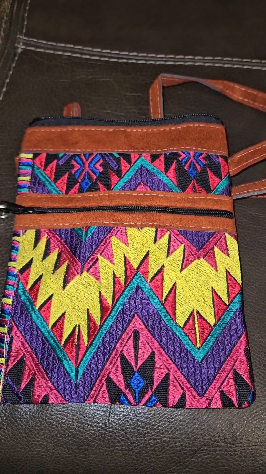 Embroidered Aztec Print Leather Crossbody Purse