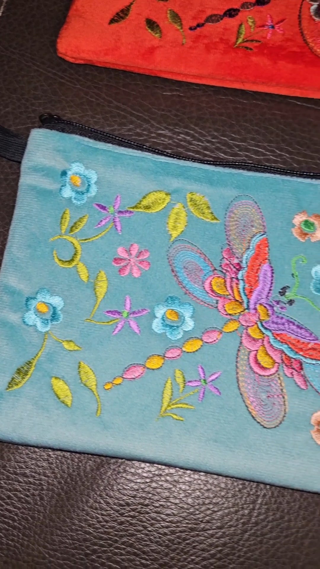 Large Embroidered Dragonfly Wristlet
