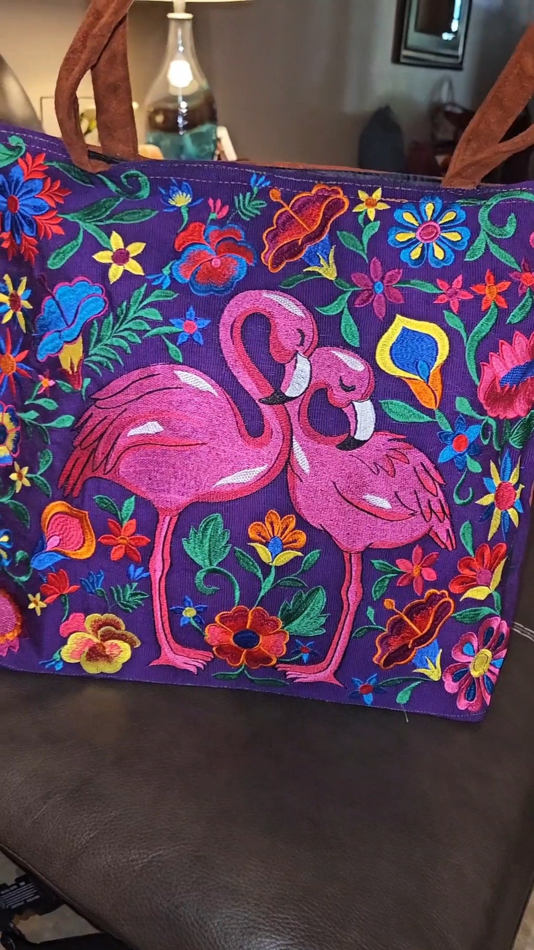 Large Embroidered Flamingo Tote Purse