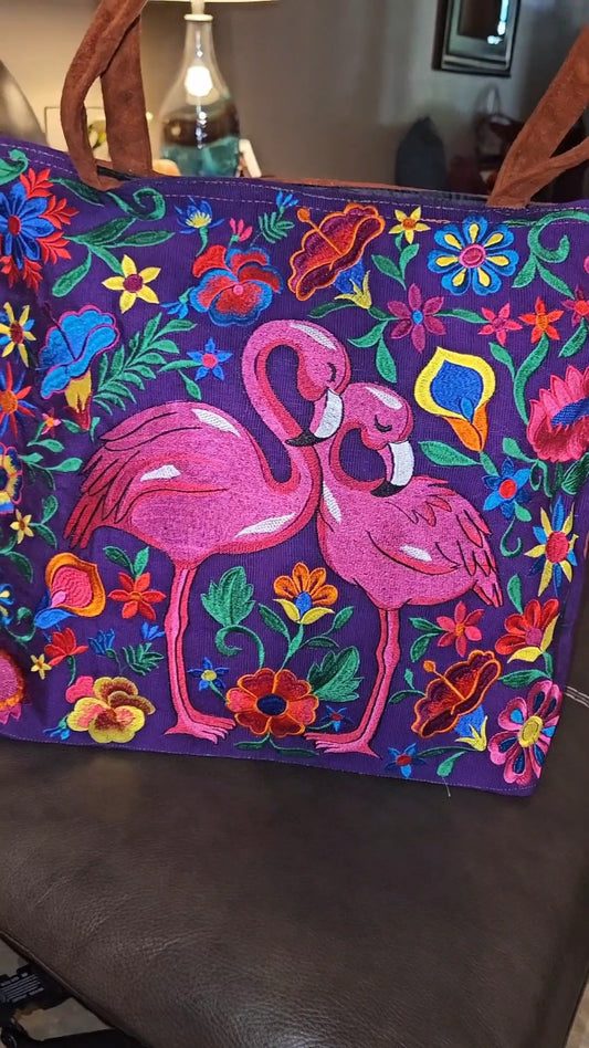 Large Embroidered Flamingo Tote Purse