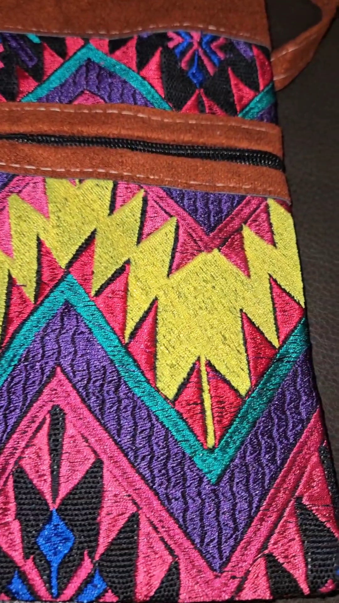 Embroidered Aztec Print Leather Crossbody Purse