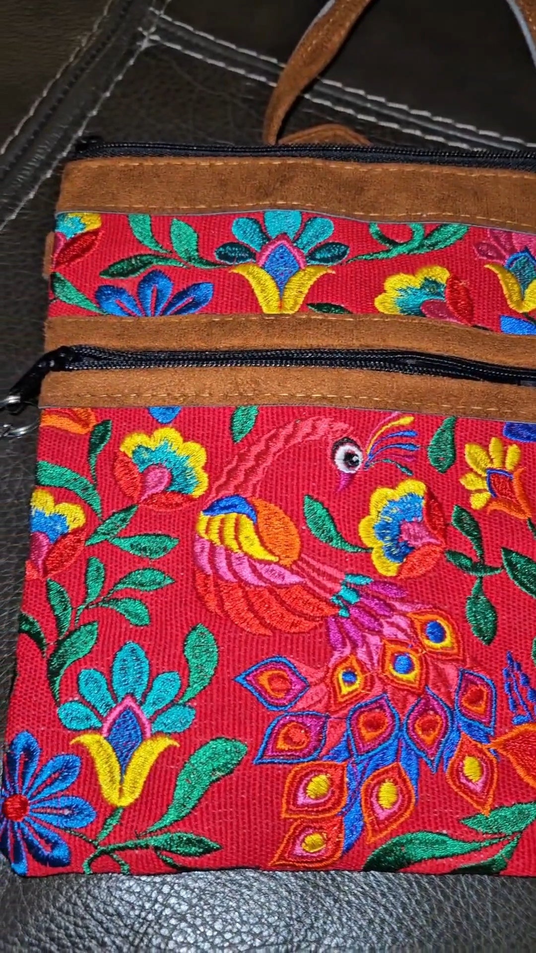 Embroidered Peacock Leather Crossbody Purse