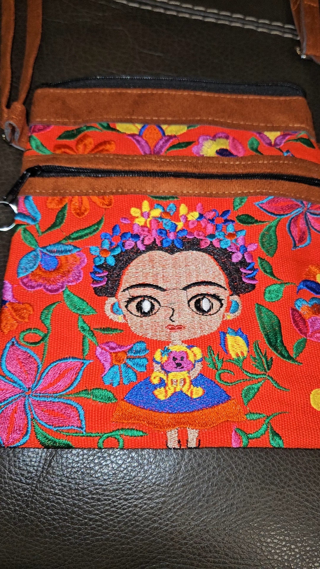 Embroidered Frida Inspired Leather Crossbody Purse