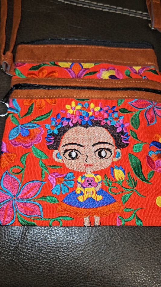 Embroidered Frida Inspired Leather Crossbody Purse