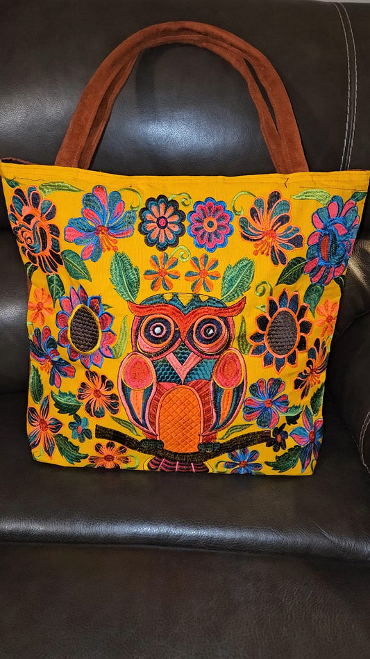 Embroidered Owl Suede Purse Tote Bag