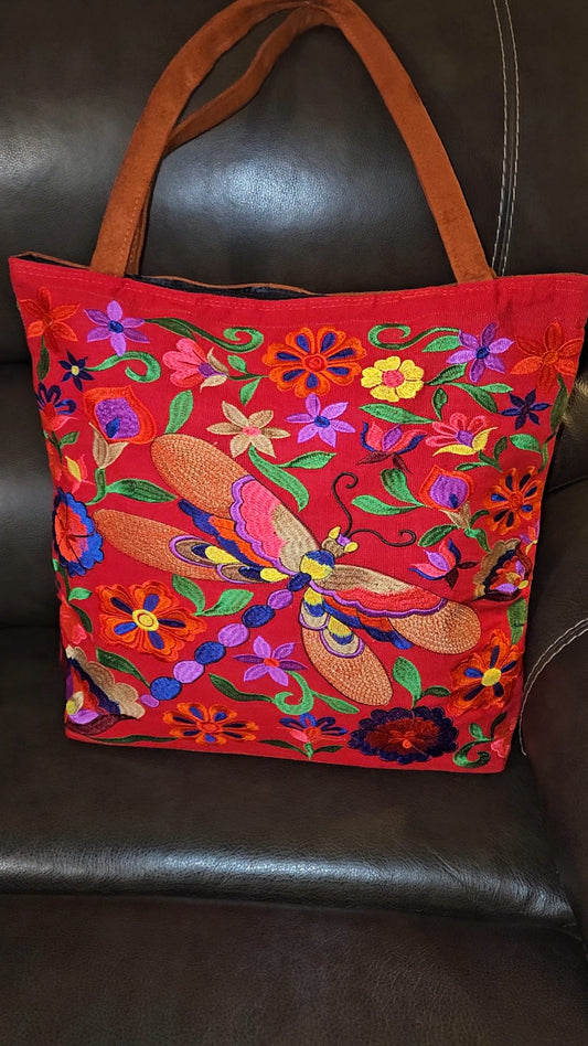 Embroidered Dragonfly Suede Purse Tote Bag