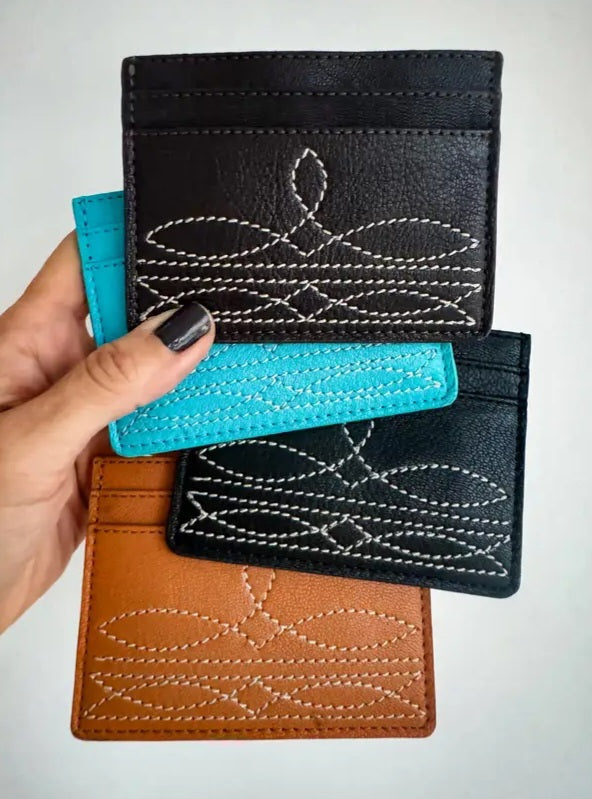Western Boot Stitch Leather Credit Card Holder