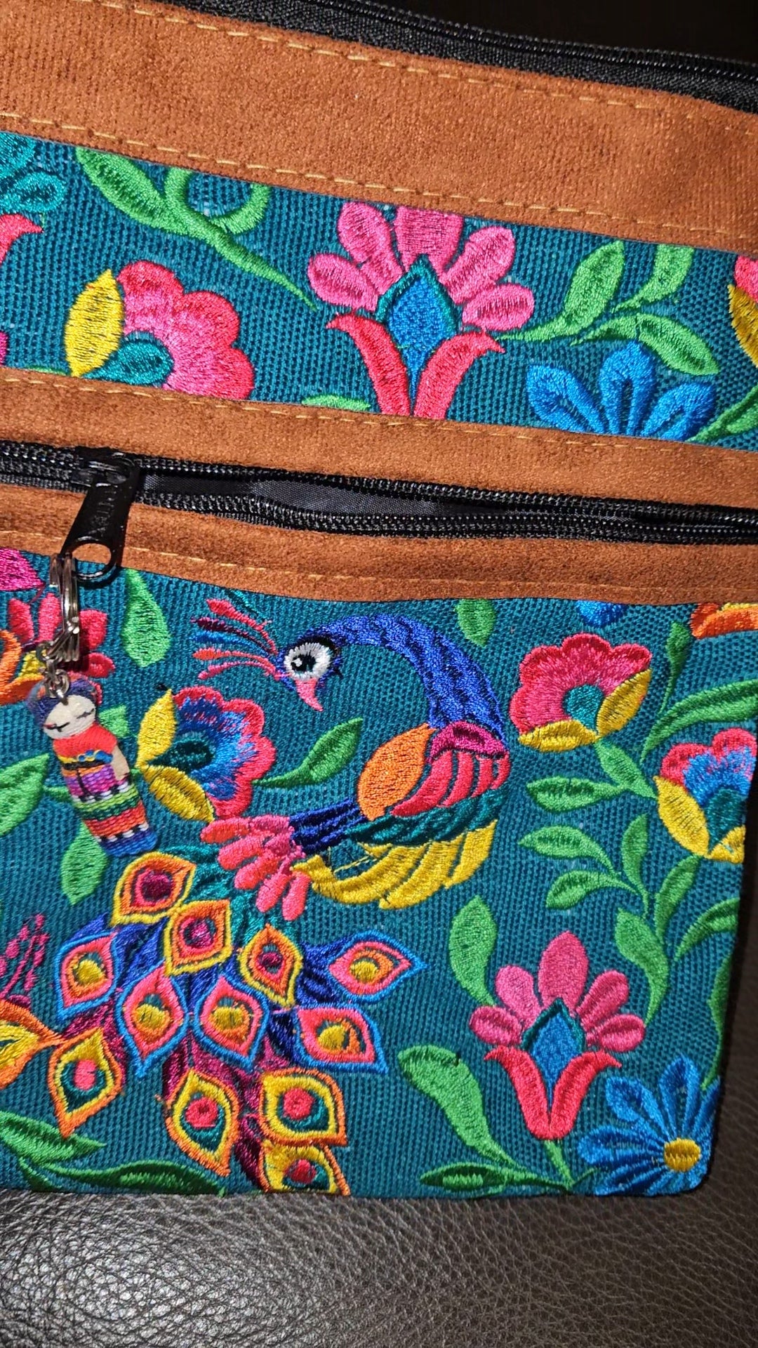 Embroidered Peacock Leather Crossbody Purse