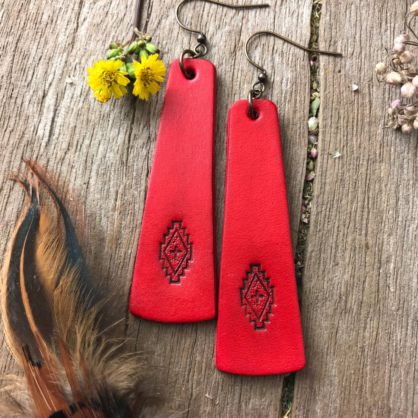 Hand Tooled Western Style Leather Bar Earrings