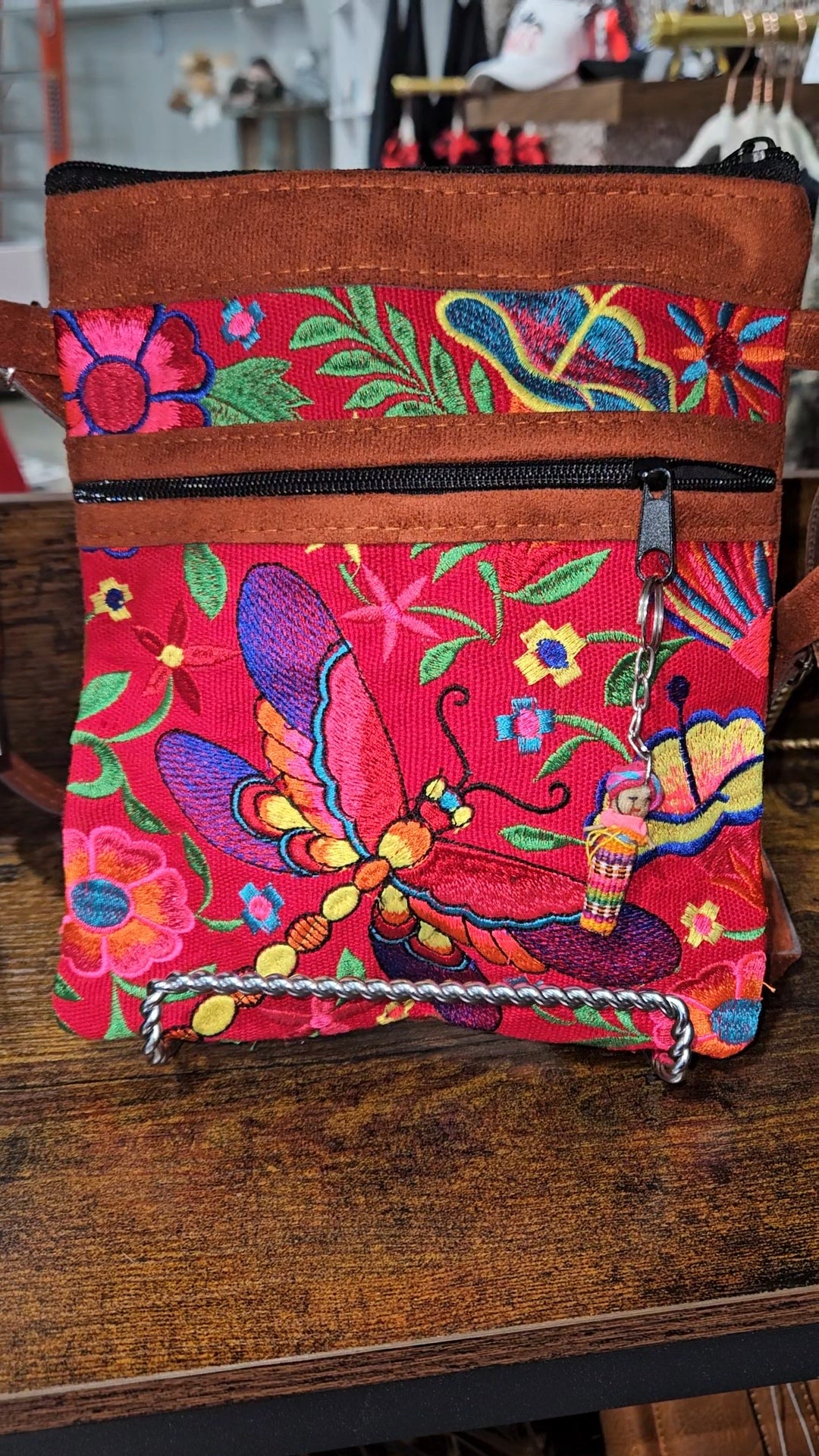 Embroidered Dragonfly Leather Crossbody Purse