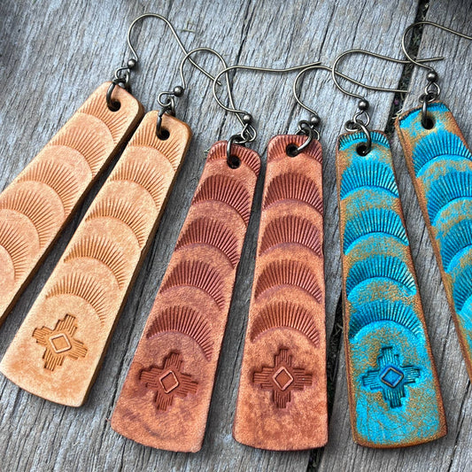 Hand Tooled Western Style Leather Bar Earrings