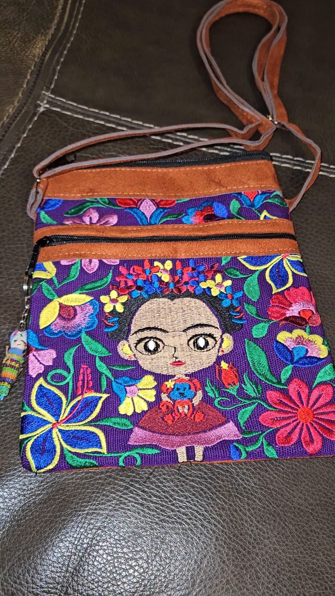 Embroidered Frida Inspired Leather Crossbody Purse