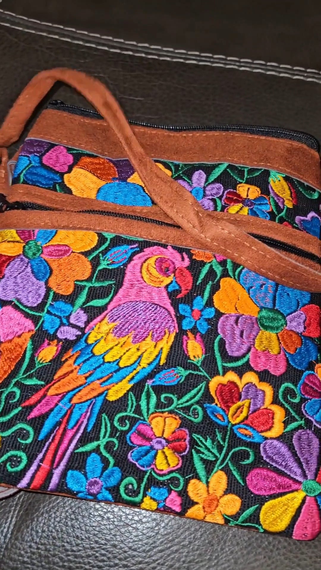 Embroidered Parrot Leather Crossbody Purse