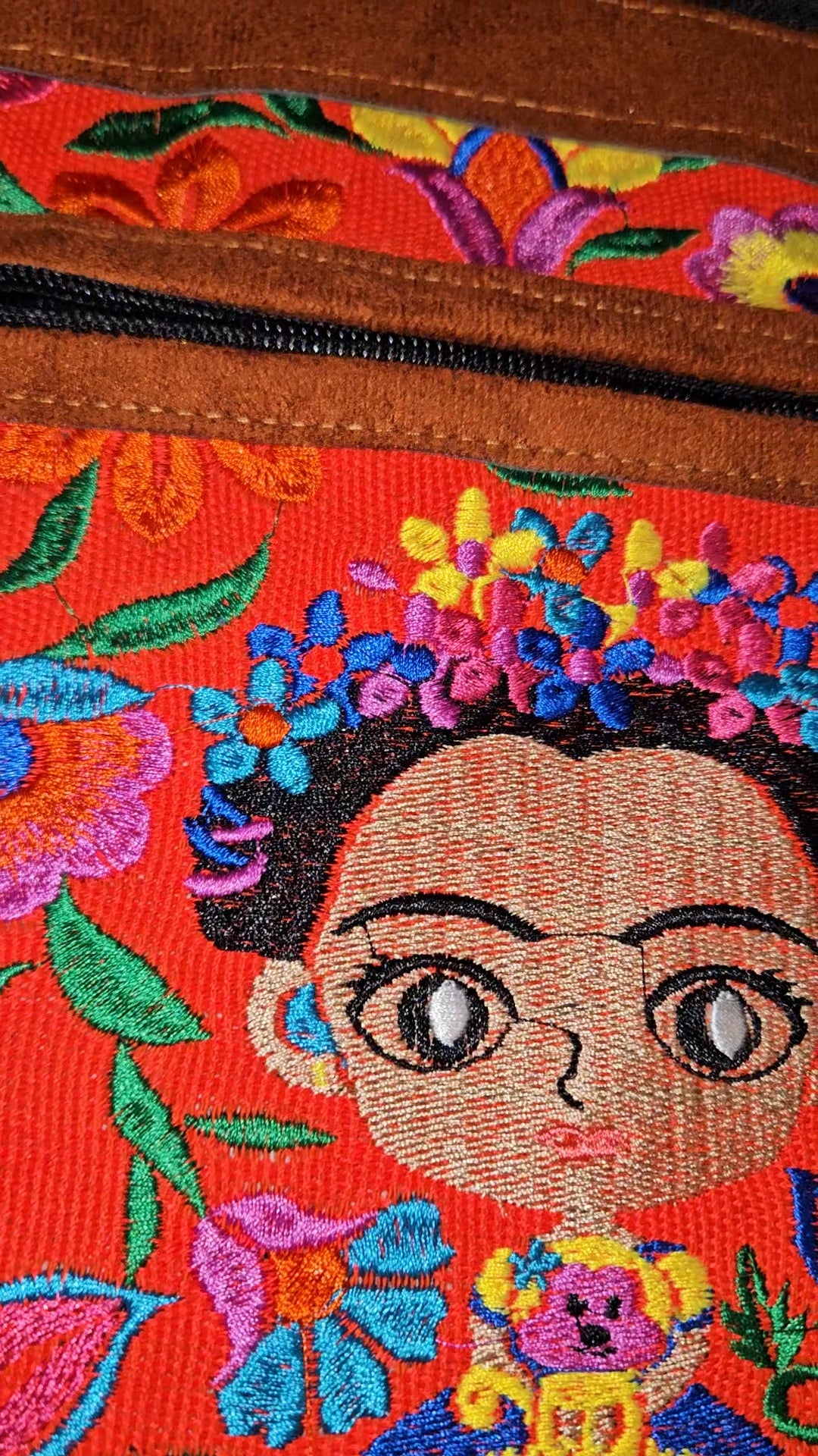 Embroidered Frida Inspired Leather Crossbody Purse