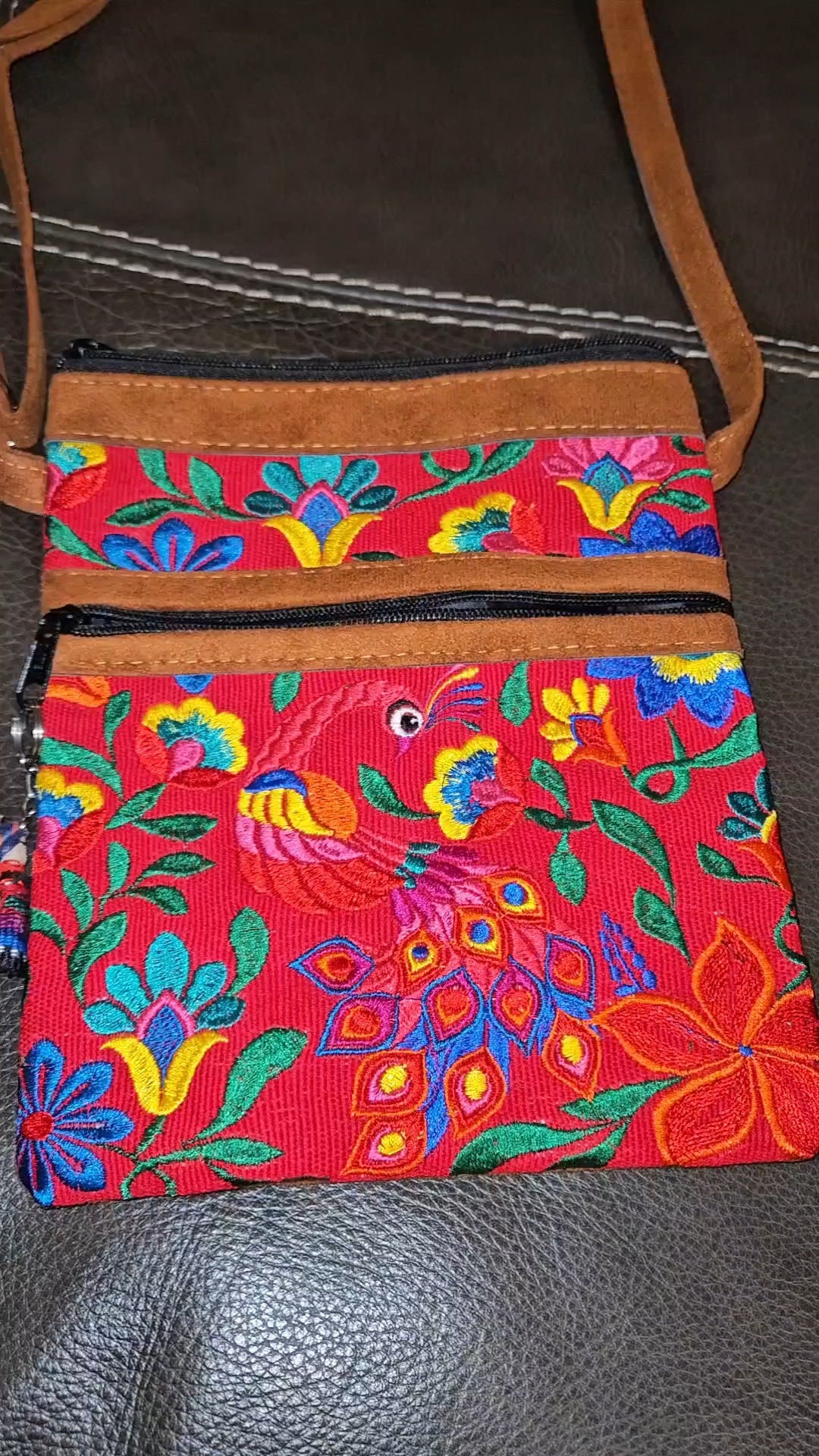 Embroidered Peacock Leather Crossbody Purse