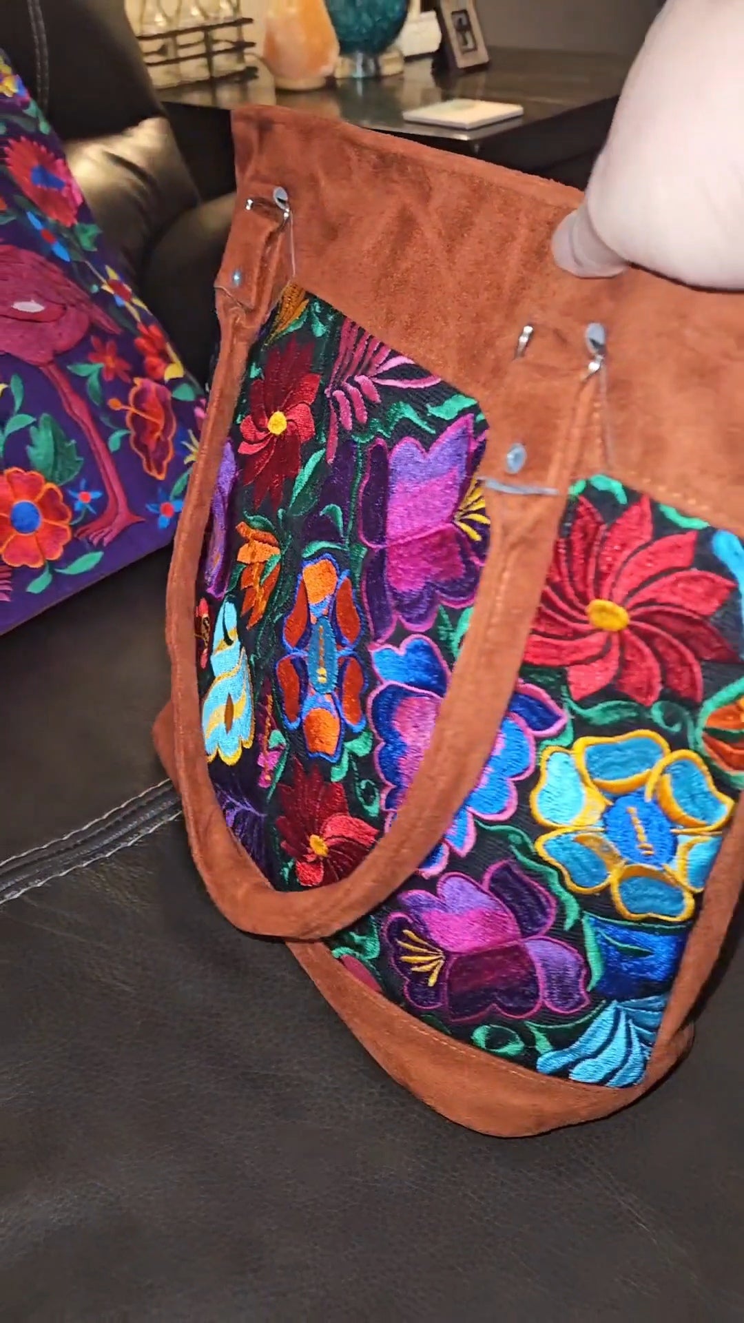 Handmade Embroidered Floral Suede Tote