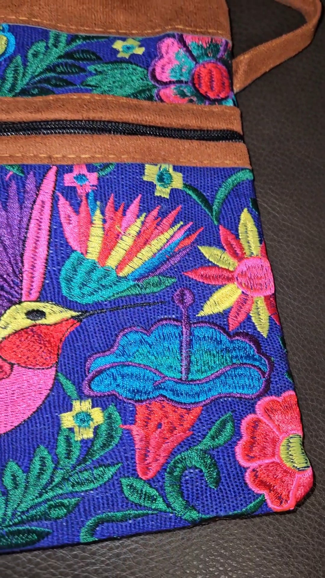 Embroidered Hummingbird Leather Crossbody Purse