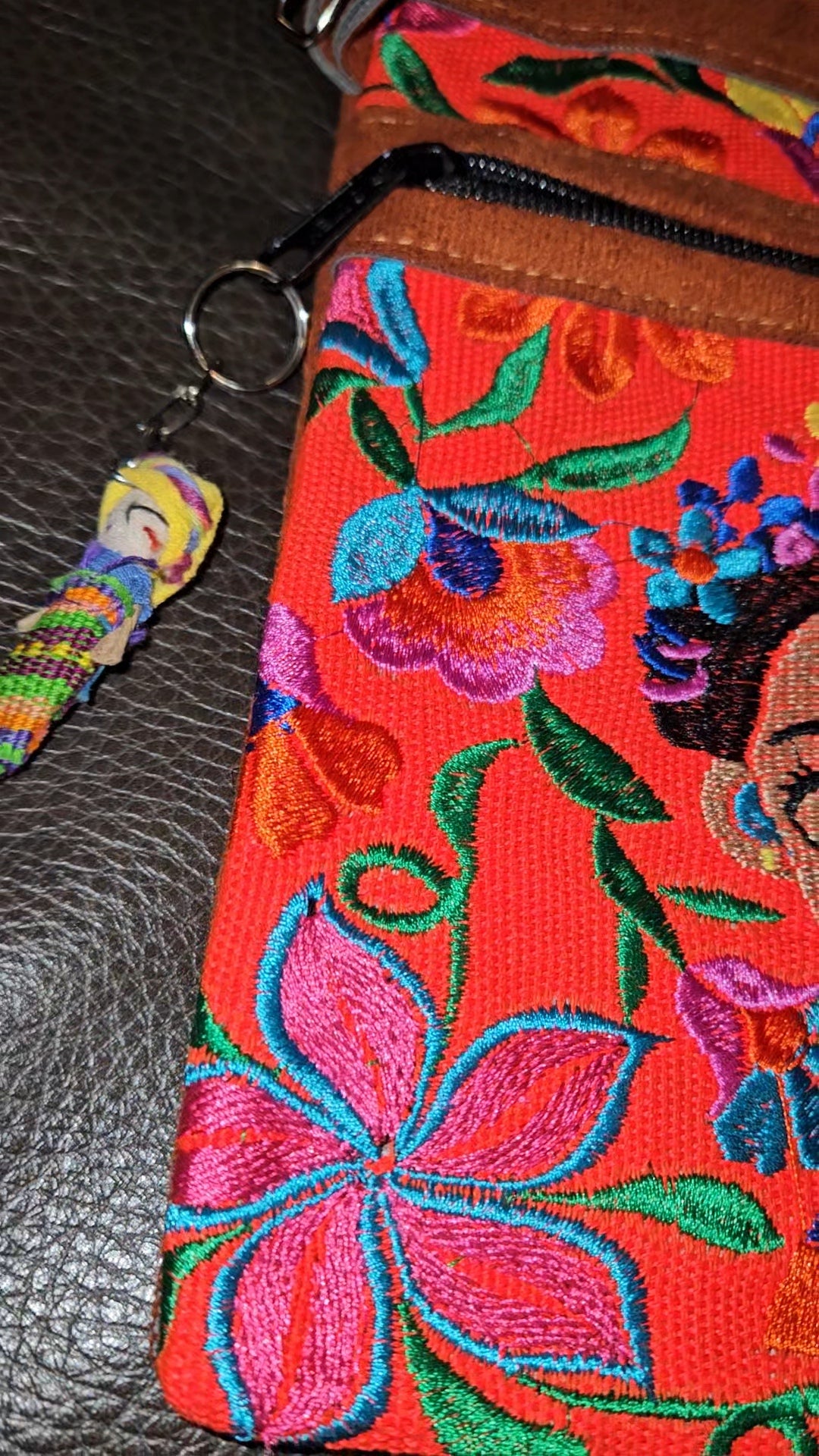 Embroidered Frida Inspired Leather Crossbody Purse