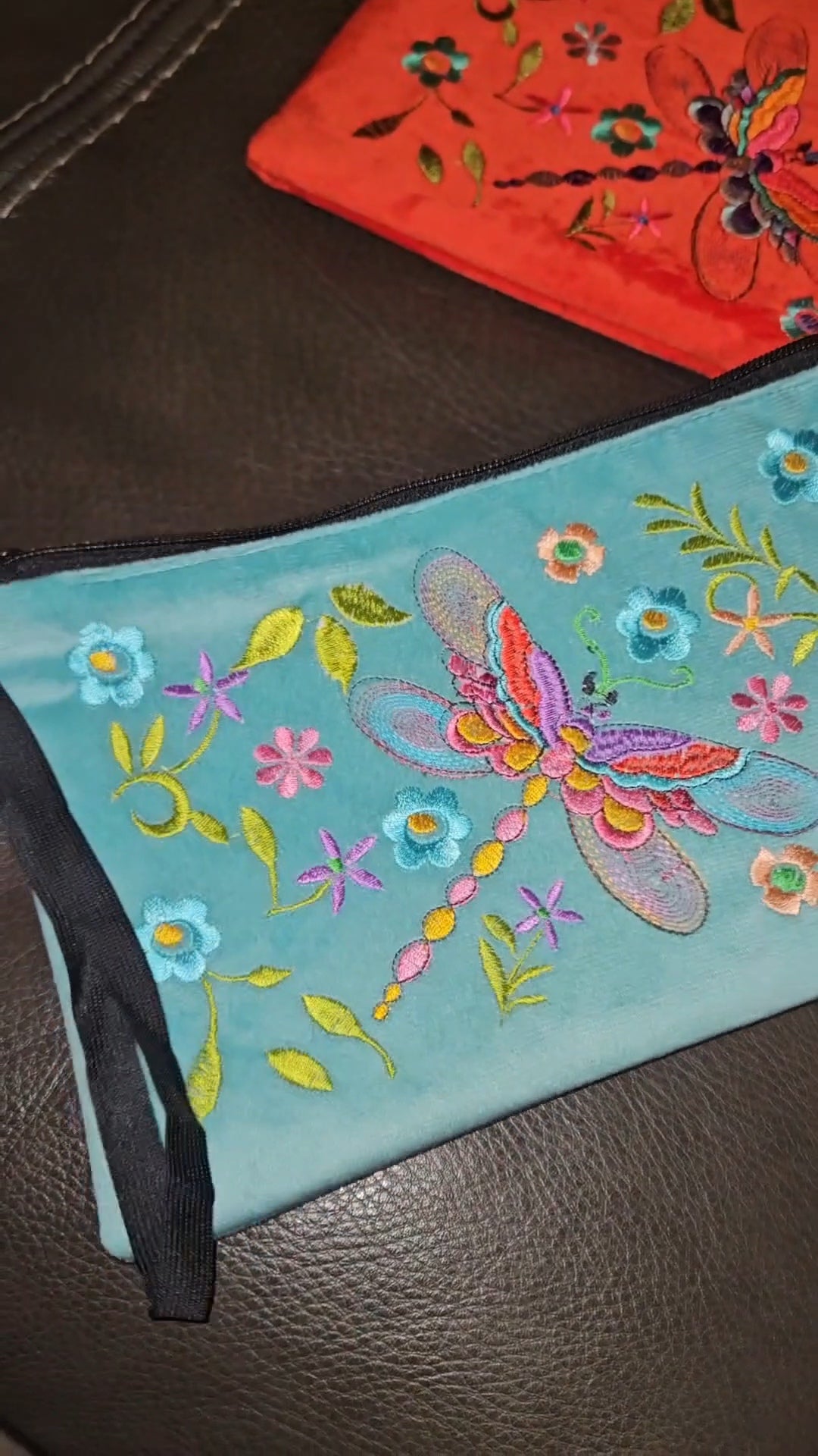 Large Embroidered Dragonfly Wristlet
